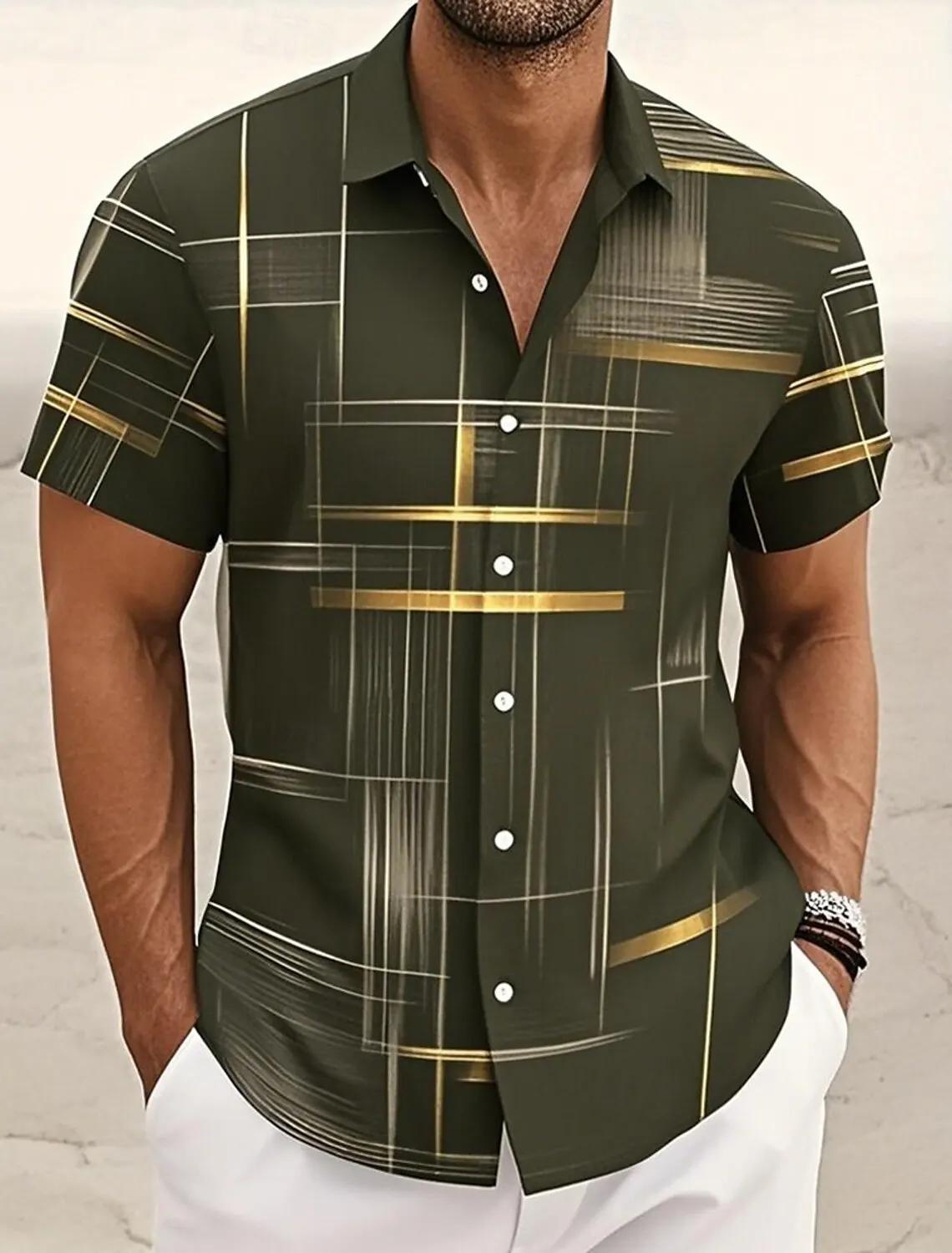 Chemises d'été à carreaux à grille géométrique pour hommes, chemise hawaïenne à manches courtes raba