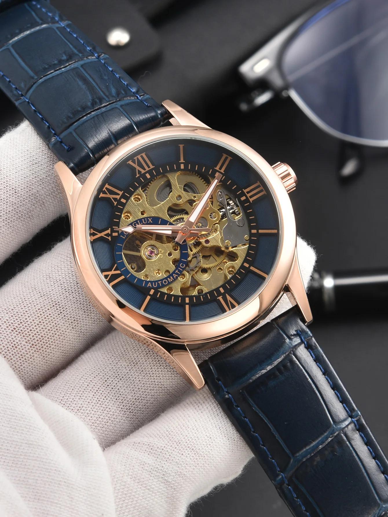 Montre automatique de luxe pour hommes, montres mécaniques rome, squelette étanche, cuir noctilucent