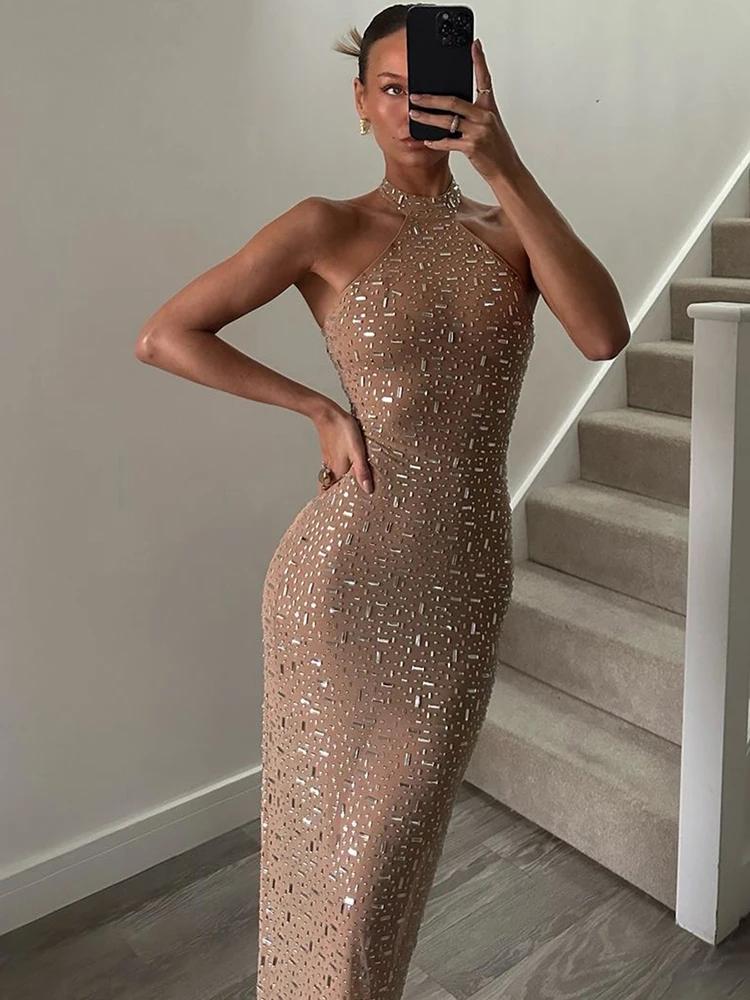Robe de soirée sexy Kliou pour femme, décoration en faux diamants, col rond, épaules dénudées, taill