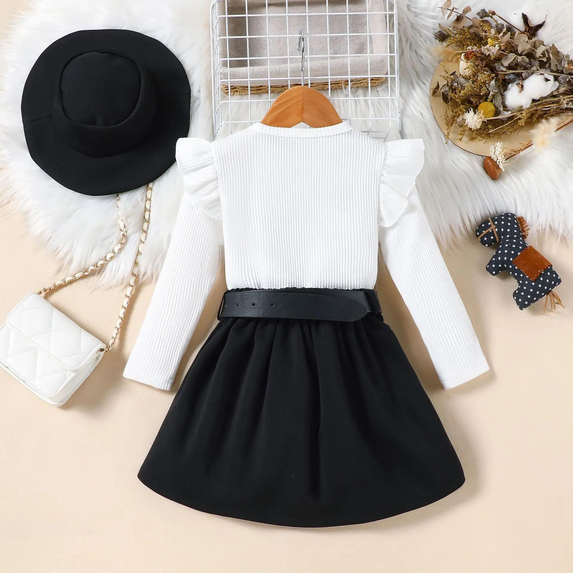 Tenues d'automne et d'hiver pour filles, ensemble 3 pièces, robe + ceinture + chapeau, nouveaux vête