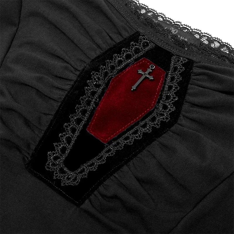 PUNK RAVE-T-shirt à manches longues gothique pour femme, col slash, ligne A, coton élastique, noir, 
