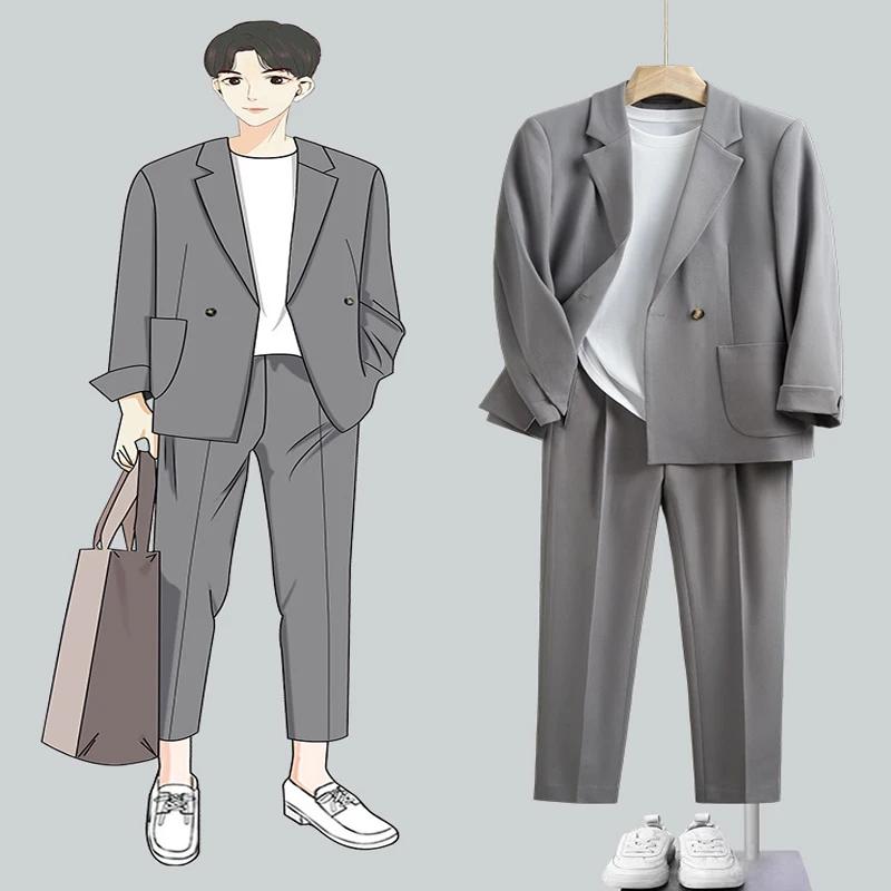 "ensemble de costume de Style coréen pour hommes, coupe ample, Blazer et pantalon décontractés, coup