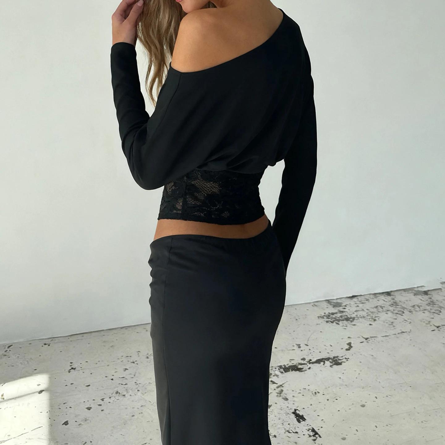 SUCHCUTE élégant épaules dénudées dentelle garnie taille défini haut rétro Streetwear solide à manch