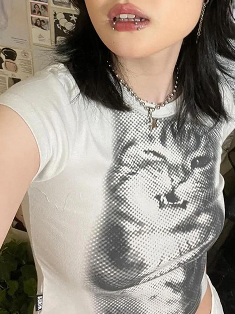 Harajuku Animal imprimé haut court basique blanc à manches courtes col rond T-shirt femmes décontrac