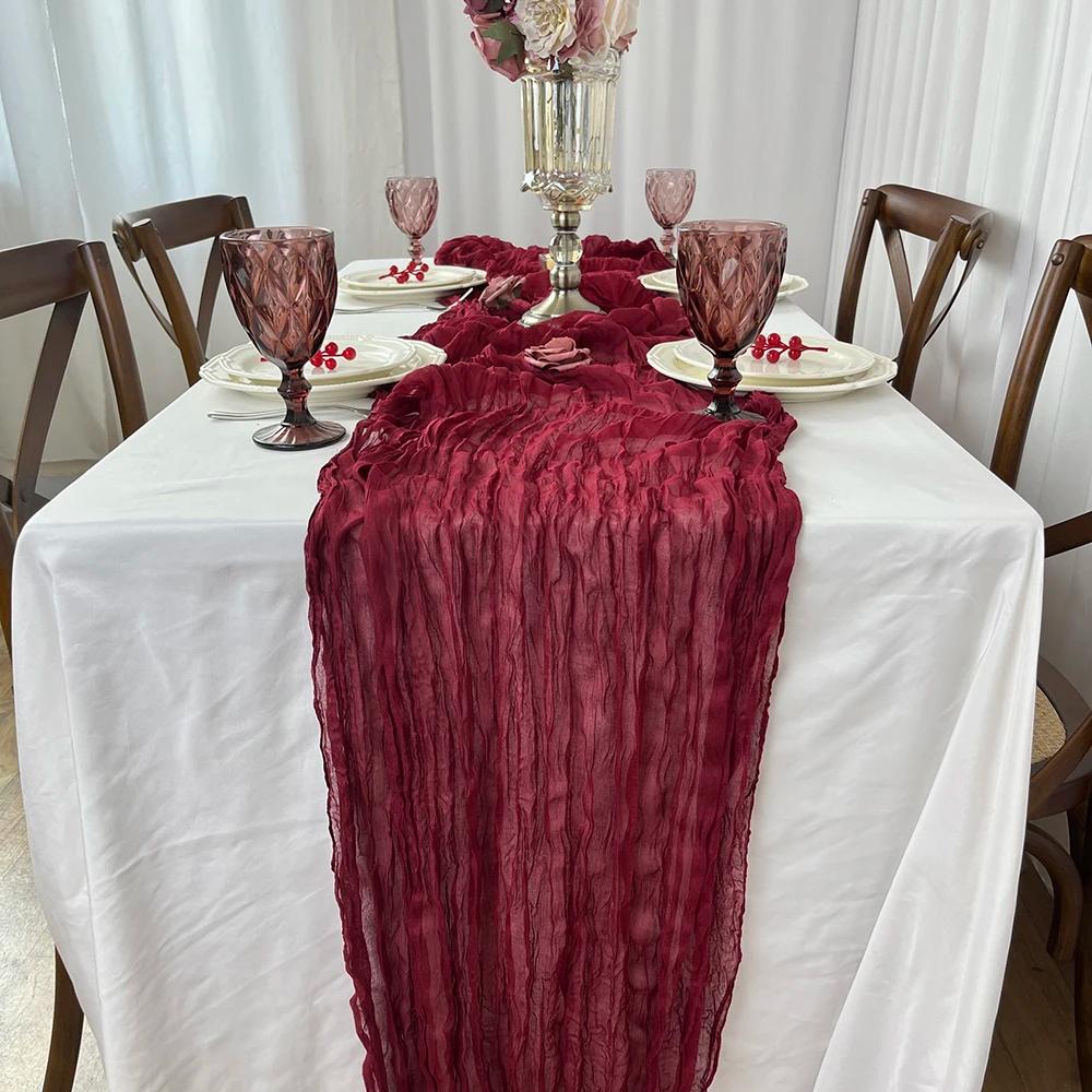 Chemin de Table en gaze bordeaux, 4 paquets, tissu drapé d'arrière-plan Semi-transparent pour mariag