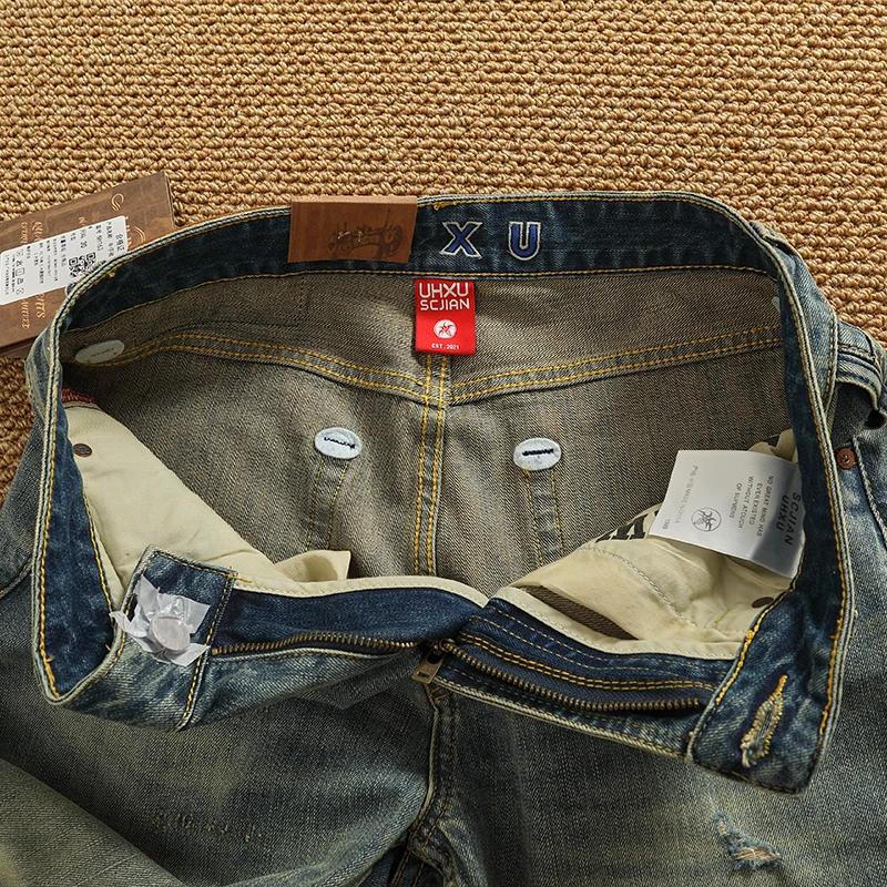 Jean en Denim Patchwork de style rétro américain pour hommes, pantalon droit effilé, extensible, dél