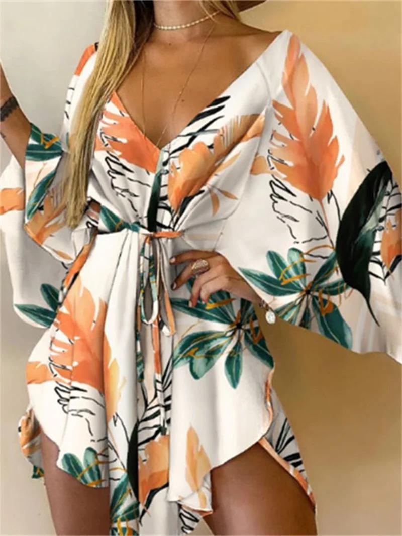 Femmes robe imprimée Sexy col en v manches chauve-souris volants fleurs imprimer bohème plage robe d