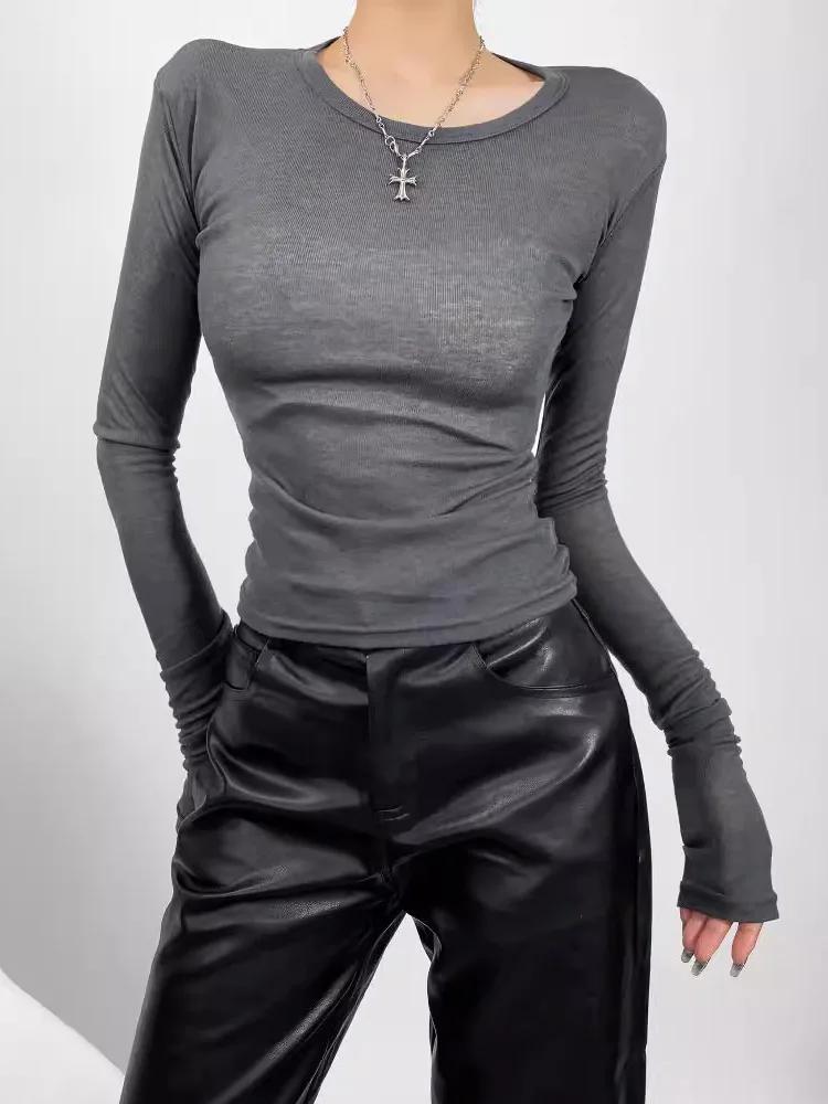 2025 début d'automne fille épicée col rond élastique coupe ajustée mince à manches longues t-shirt f