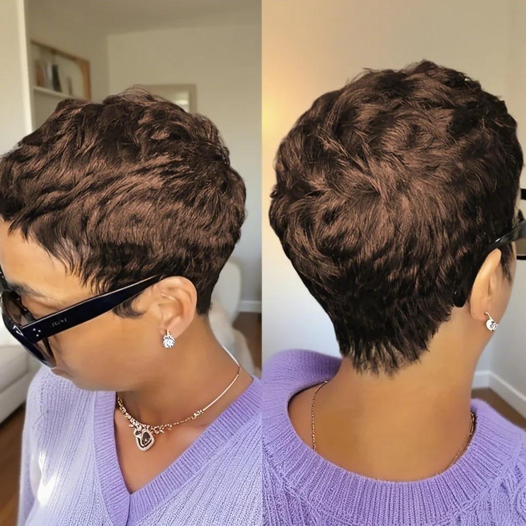 Perruque courte coupe lutin avec frange cheveux humains 180 densité pour les femmes perruque faite à