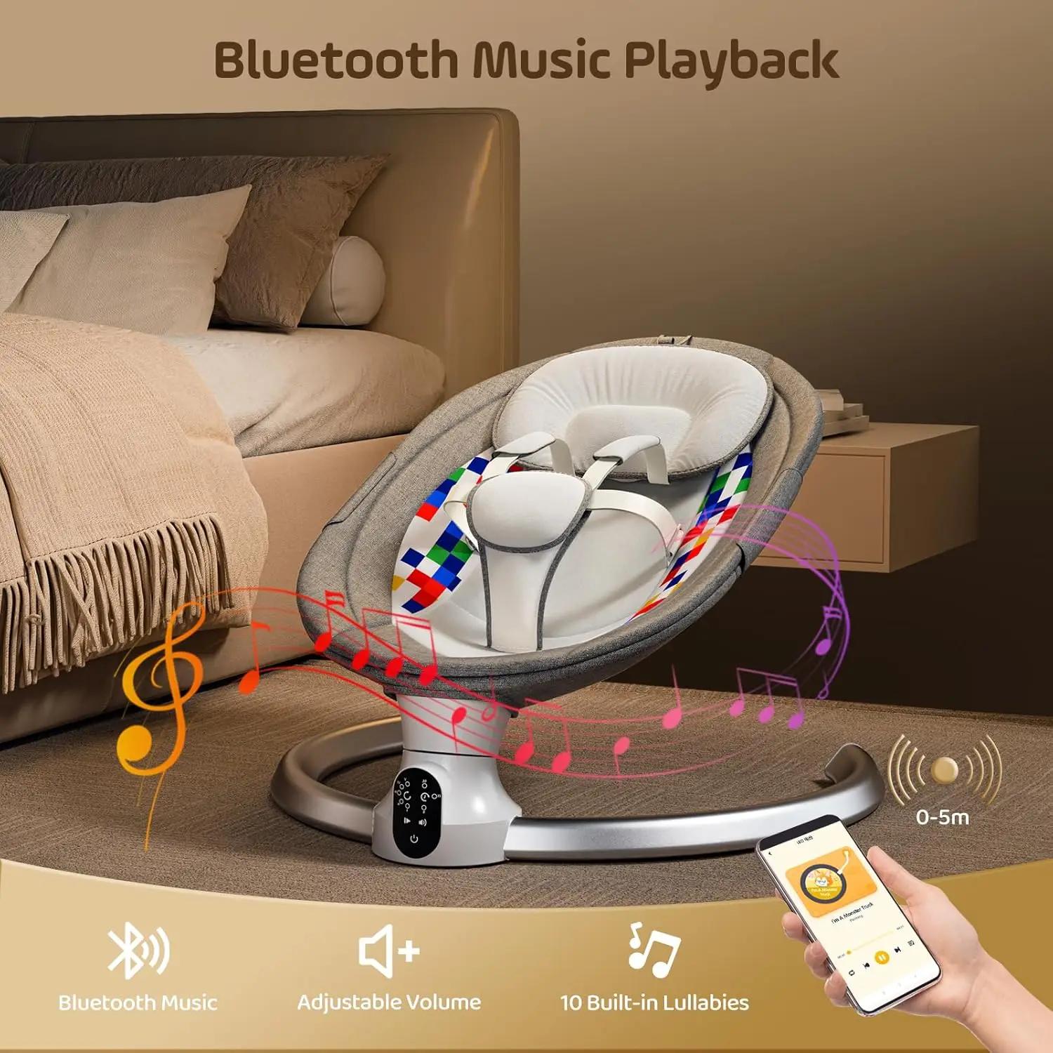 Balançoire électrique grise pour bébé, chaise longue avec télécommande et application de style comma