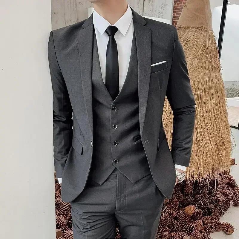 Costume (Blazer + gilet + pantalon) pour hommes, mode affaires, tendance en plein air, couleur unie,