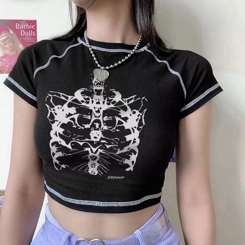 Vêtements graphiques vintage amusants pour filles, haut court noir, imprimé tête de mort mince, Swee