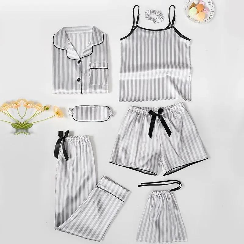 Ensemble pyjama rayé en soie pour enfants, 7 pièces, vêtements de maison, tenue de nuit confortable 