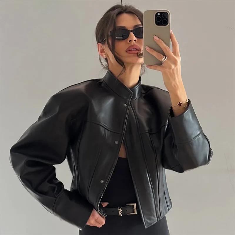 Veste en simili cuir pour femme, coupe cintrée, classique, motard, PU, fermeture éclair, manteau bom