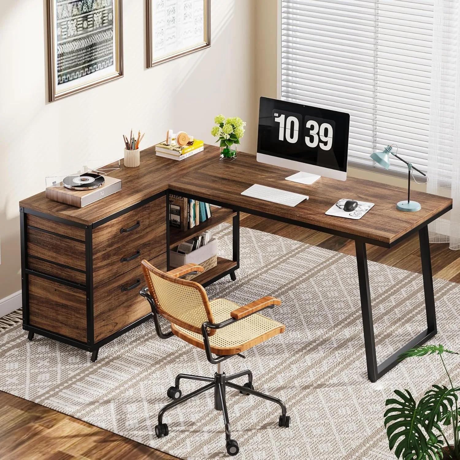 Bureau d'ordinateur en forme de L avec 3 tiroirs, bureau à domicile avec étagères, bureau PC industr