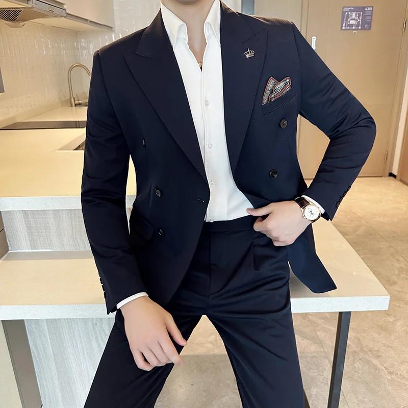 (Blazer + pantalon) mode Double boutonnage Design mince costume pour hommes Style italien de luxe ma