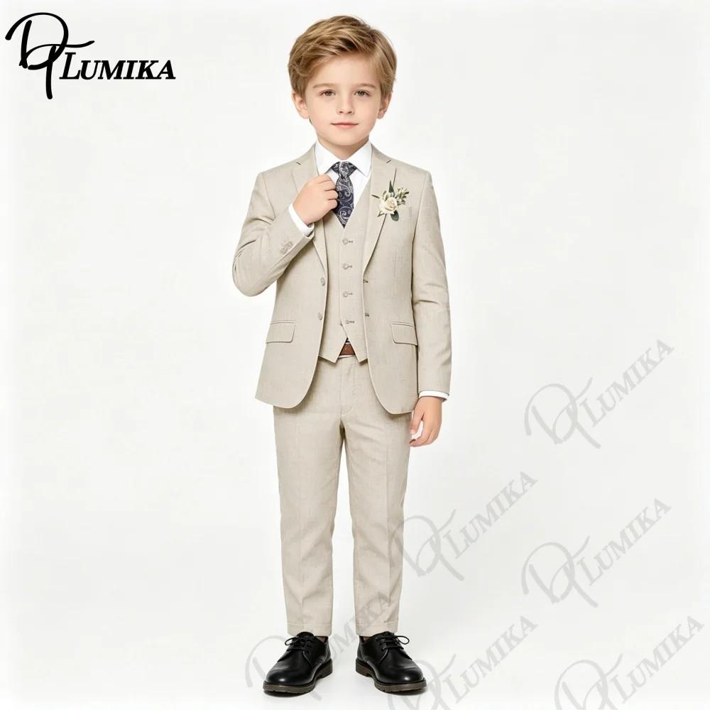 Costume en lin beige pour garçons, 4 pièces, avec cravate florale, ensemble formel pour enfants, mar