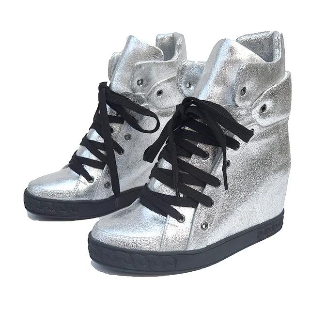 Chaussures décontractées en cuir suédé de vache noir argent femmes hauteur augmentant à lacets dames