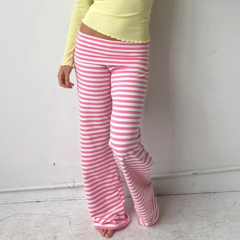 Pantalon de pyjama décontracté pour femme rayé taille basse pantalon de salon taille élastique cordo