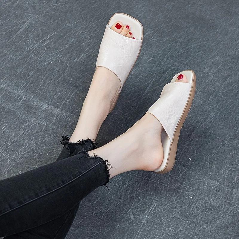 DRKANadvocate-Pantoufles en cuir véritable pour femmes, pantoufles d'été ouvertes, à enfiler, pour l