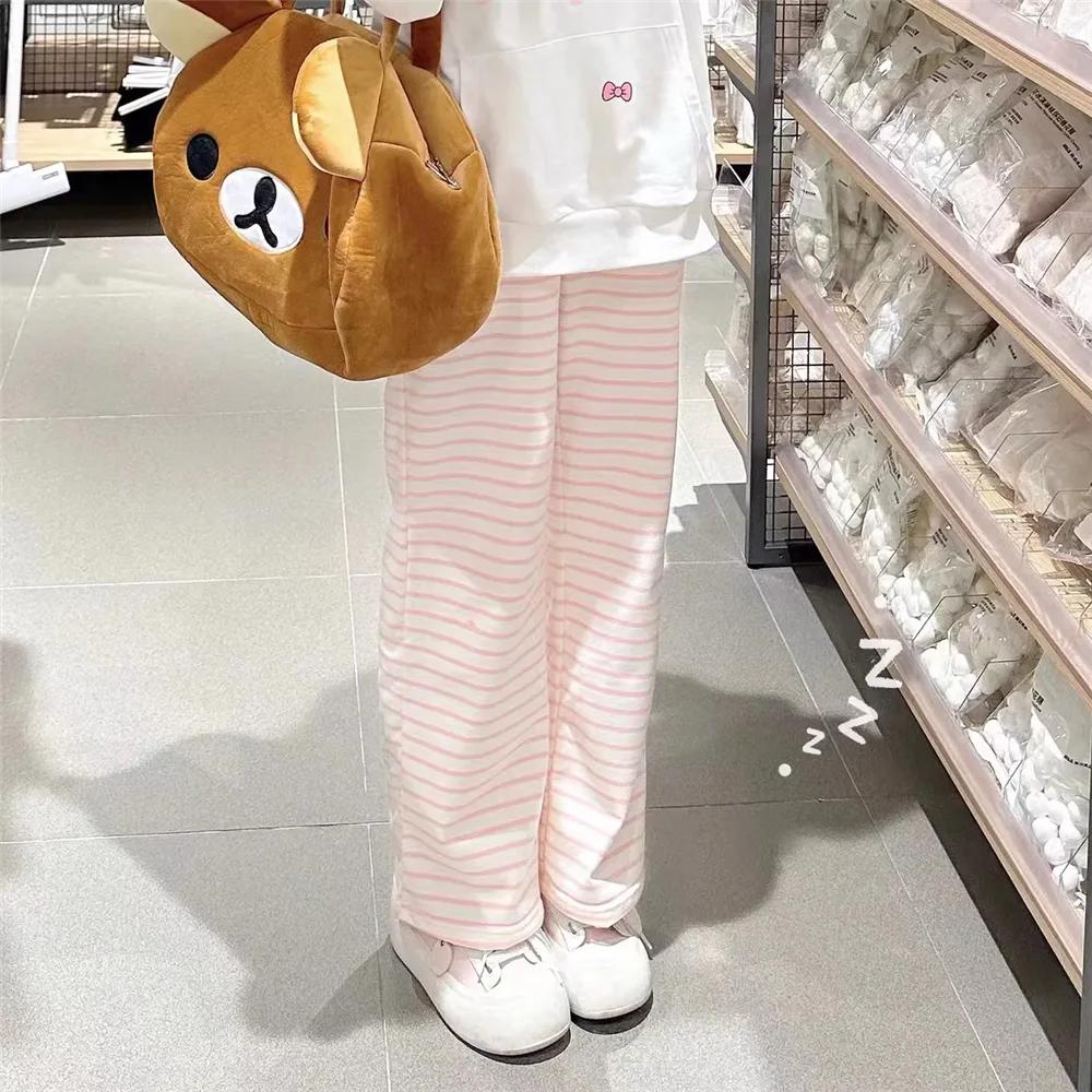 Pantalon rayé Y2K pour femmes, mignon, Kawaii, doux, Harajuku, polaire, sport, mode coréenne, survêt