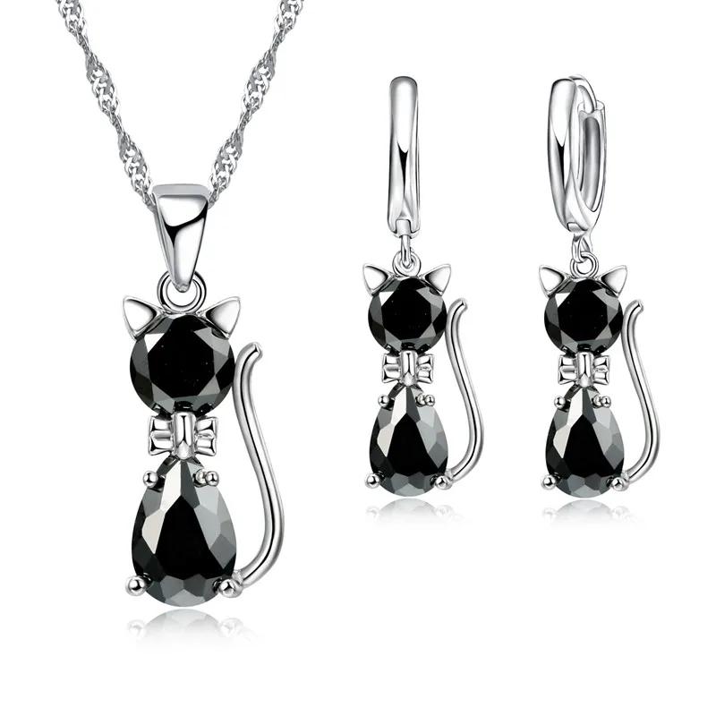 Ensembles de bijoux en argent CZ pour femmes et filles, collier en forme de chat mignon, ensemble de