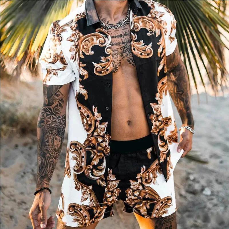 2024 été hommes de mode imprimé léopard à manches courtes chemise et shorts ensemble plage Style t-s