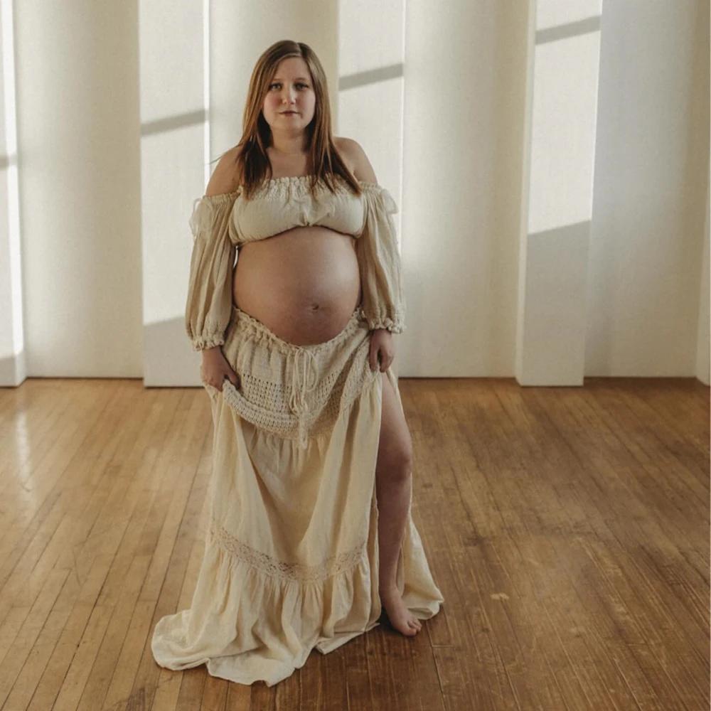 Robe de grossesse bohème pour séance Photo, asymétrique épaule dénudée, manches longues, deux pièces