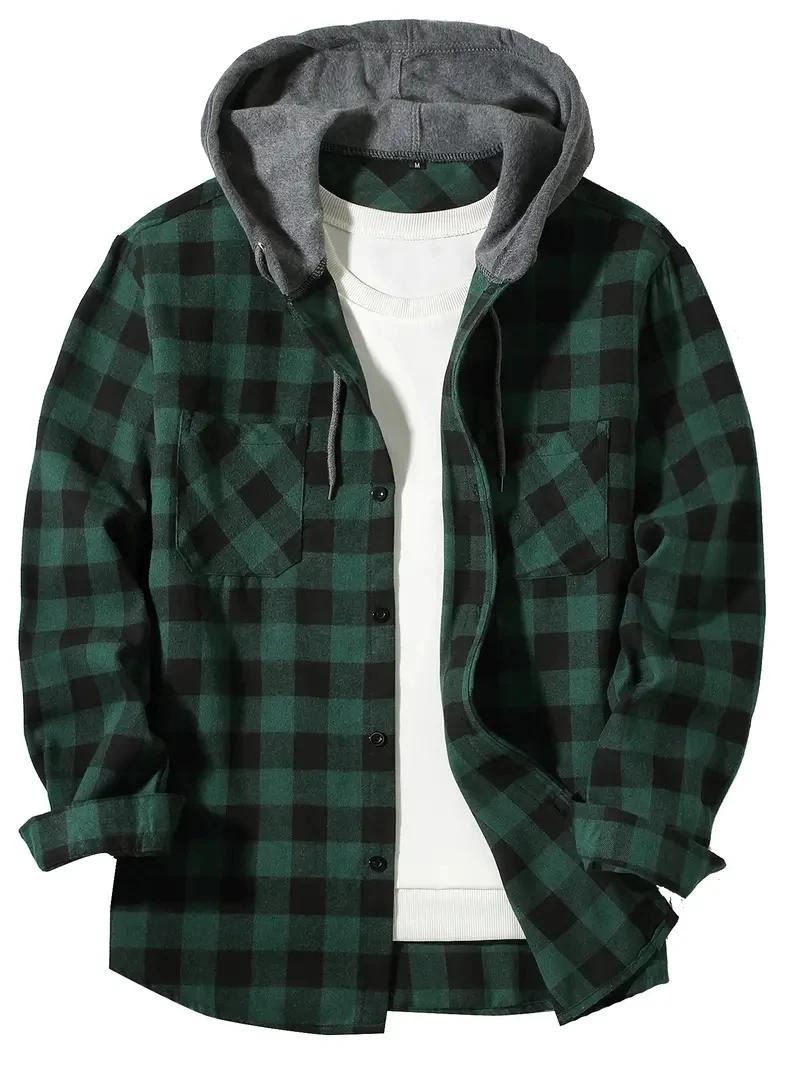 Chemise à carreaux à capuche coupe couvertes pour hommes, chemise à manches longues, chemise de voya