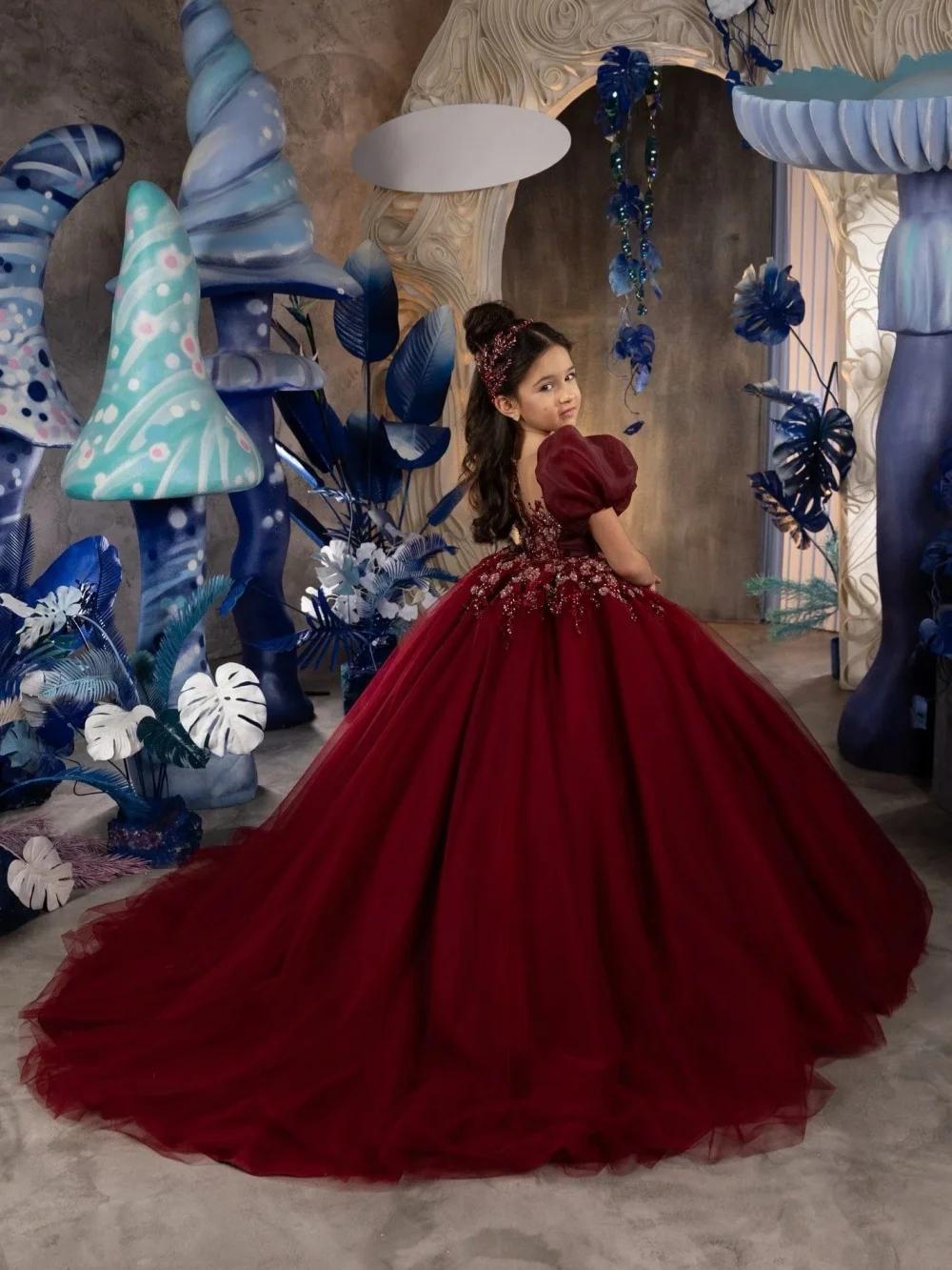 Robe de princesse en dentelle bordeaux avec appliques, tenue de spectacle pour enfants, manches bouf