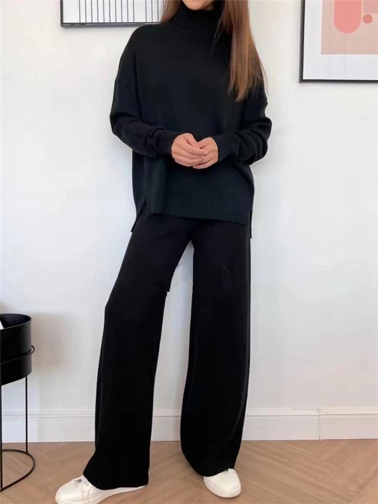Ensemble 2 pièces pour femme, survêtement tricoté, pull à col roulé et pantalon de Jogging droit, au
