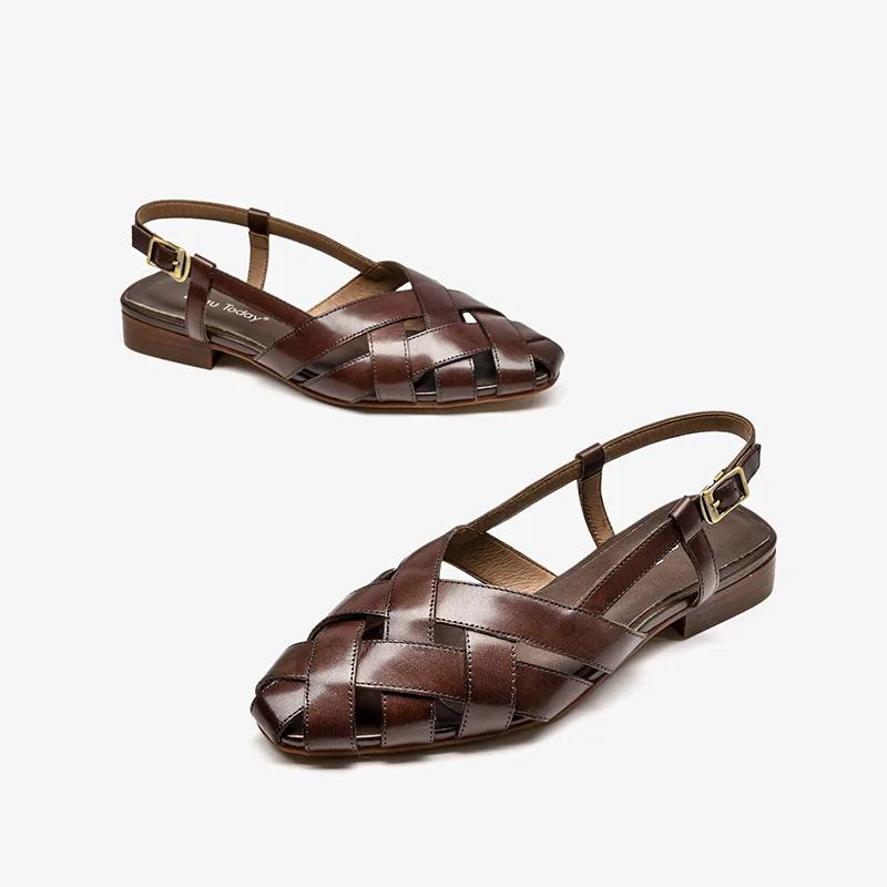 BEAUTODAY – sandales gladiateur en cuir de vache pour femmes, chaussures plates d'extérieur à bout p