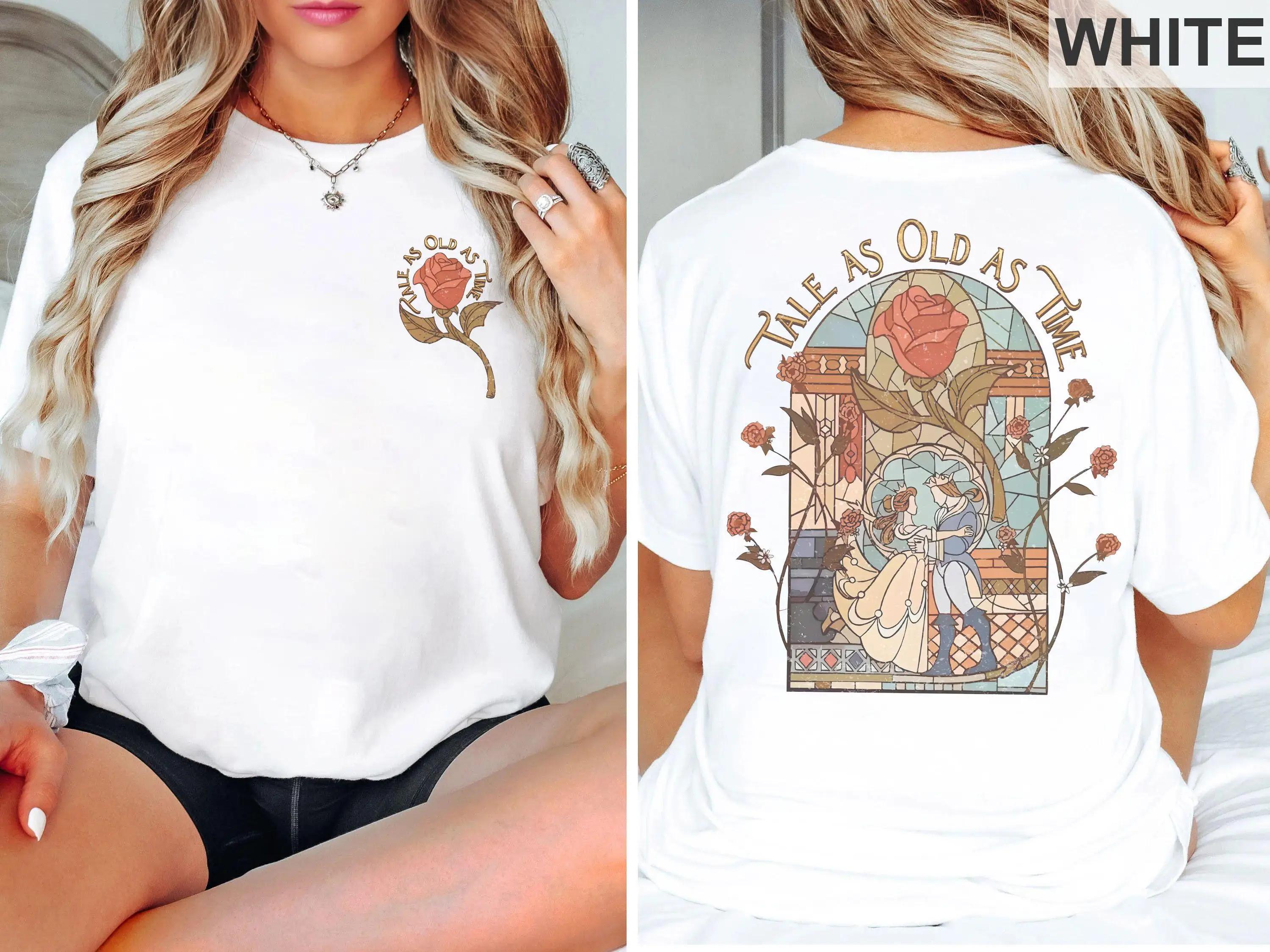 T-Shirt rétro Disney la Belle et la Bête pour femmes, Vintage, en coton, manches courtes, unisexe, S