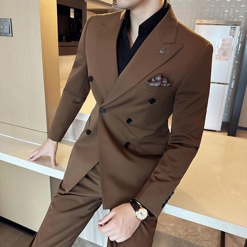 (Blazer + pantalon) mode Double boutonnage Design mince costume pour hommes Style italien de luxe ma
