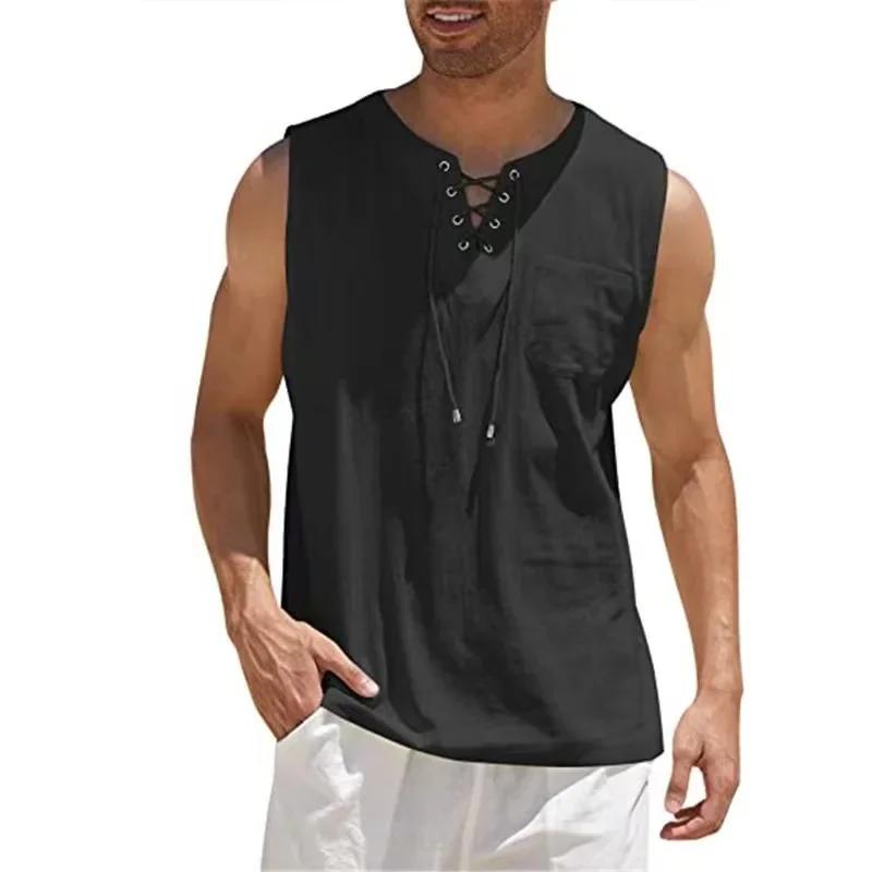 Chemises en coton et lin pour hommes, chemises à lacets rétro, chemise à col en V, précieux, chemise