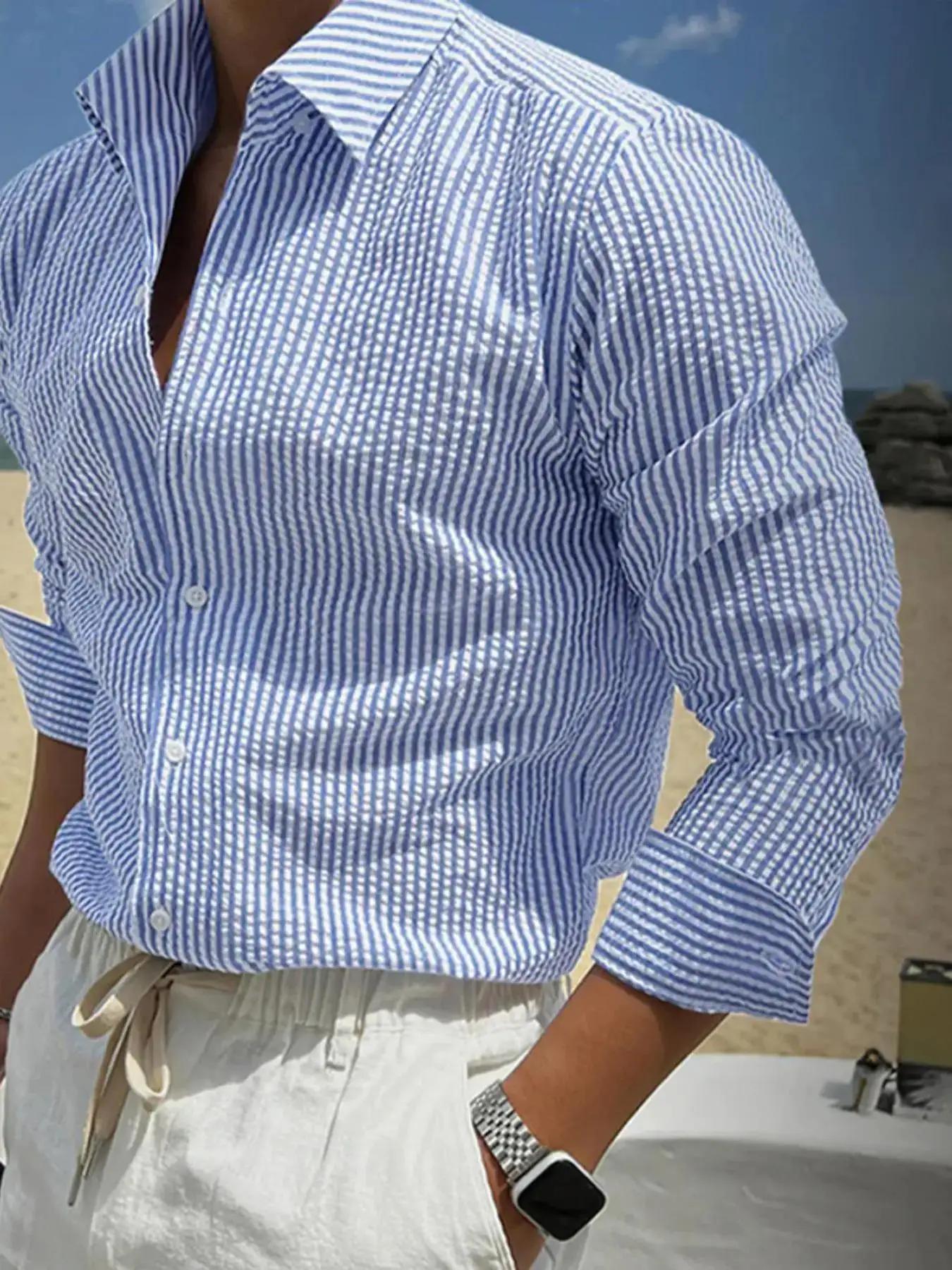 Chemise à manches longues rayée pour homme, coupe ample, élégante, confortable, décontractée, pour t