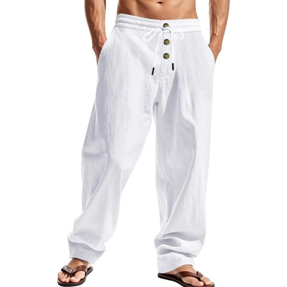Pantalon respirant décontracté pour hommes, couleur unie, taille élastique, boutons, ample, Fitness,