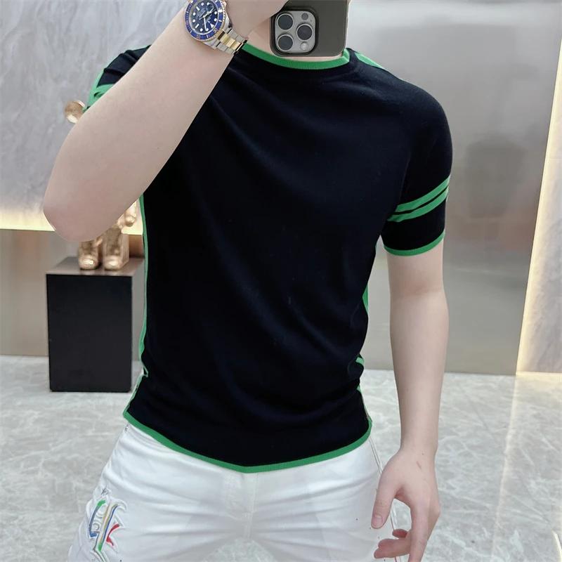 T-shirt d'été à rayures pour hommes T-shirt à col rond à manches courtes Ice InjShort T-shirt Slim F