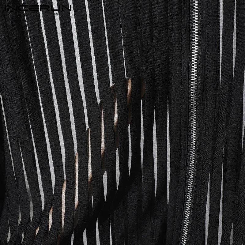 Mode Style décontracté hauts INCERUN hommes rayure verticale Perspective gilet à glissière Sexy mâle