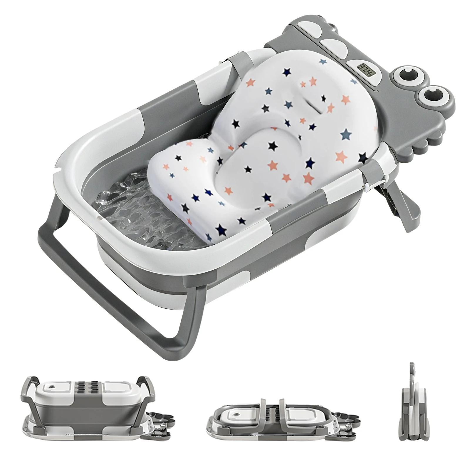 Bain de bébé pliable avec oreiller de bain antidérapant, bain de bébé avec siège de bain de bébé et 