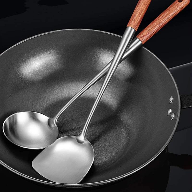Spatule pour Wok en acier inoxydable, ensemble d'outils en fer et louche, 17 pouces, 2 pièces