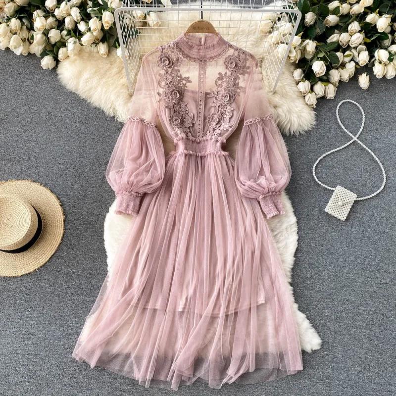 Robe longue en dentelle à fleurs et maille, manches lanternes, blanche, pour femmes, tenue de soirée