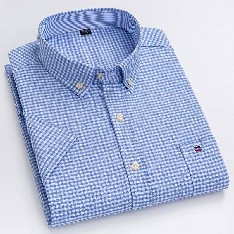Chemises Oxford d'été 100% coton pour hommes, manches courtes, à carreaux, coupe régulière, douce, r