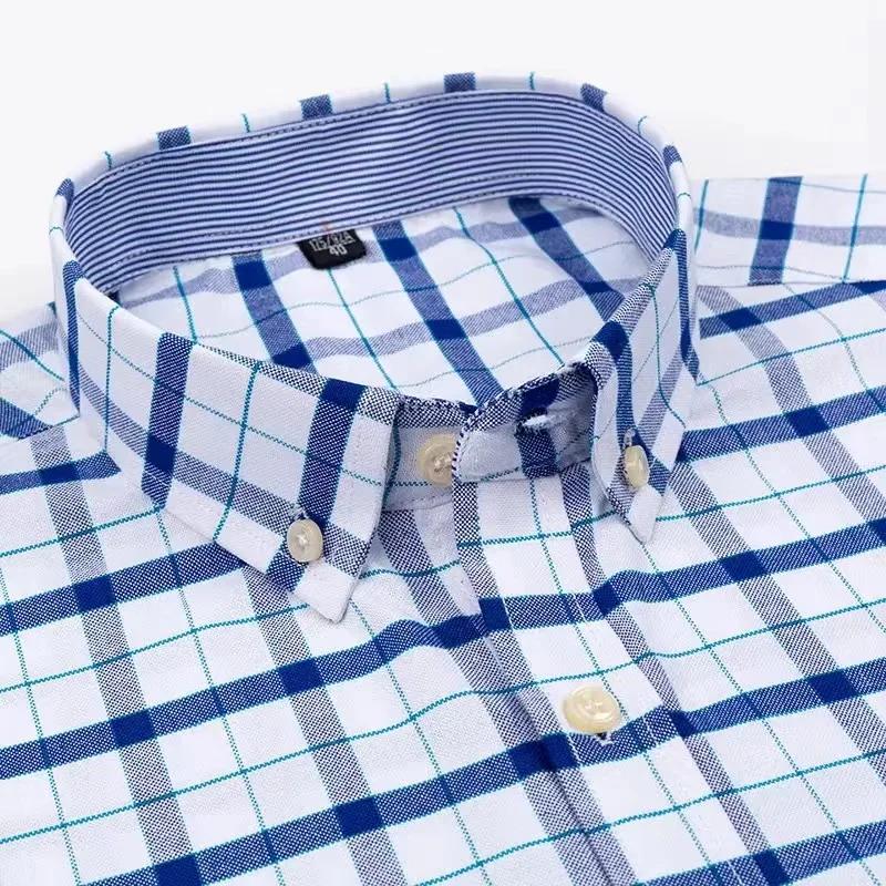 Chemise Oxford à manches courtes pour hommes, 100% coton, vêtements d'été à carreaux rayés, coupe ré