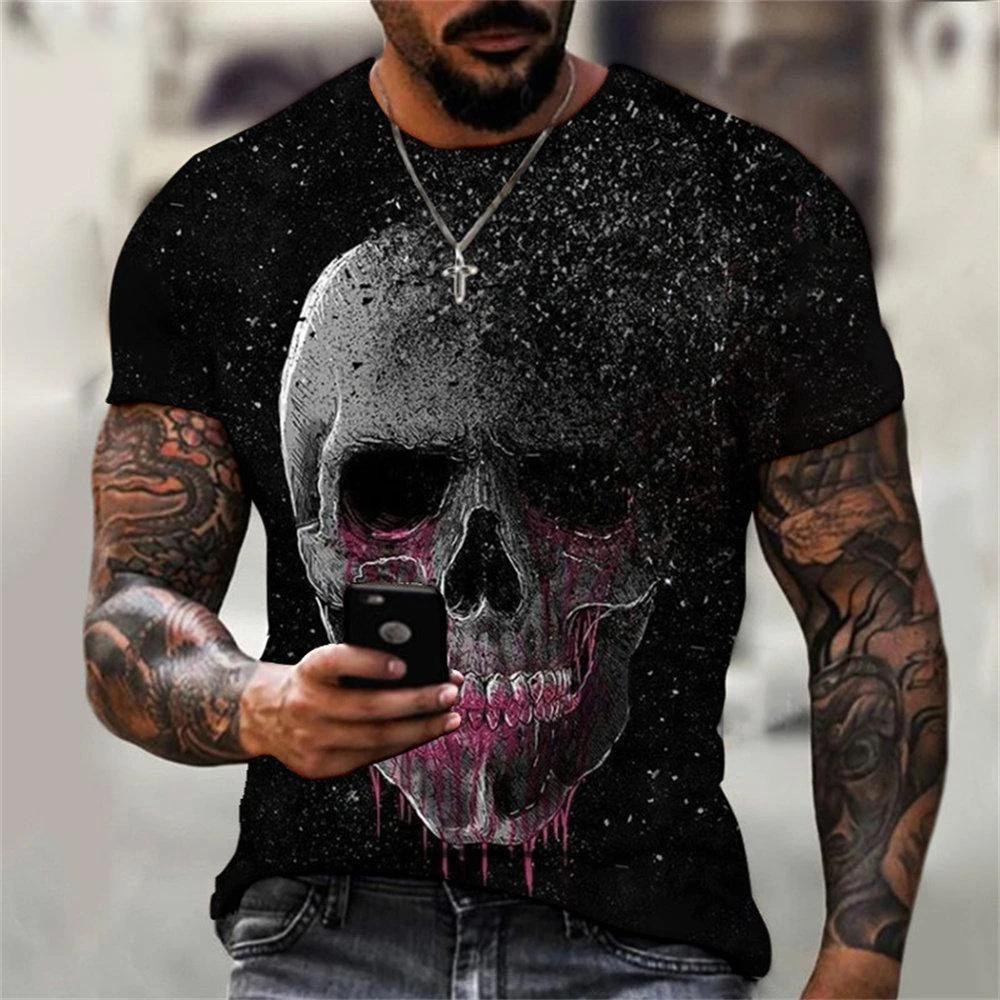 T-shirt imprimé tête de mort 3D rétro, hip hop, personnalité, super cool, horreur, décontracté, mode