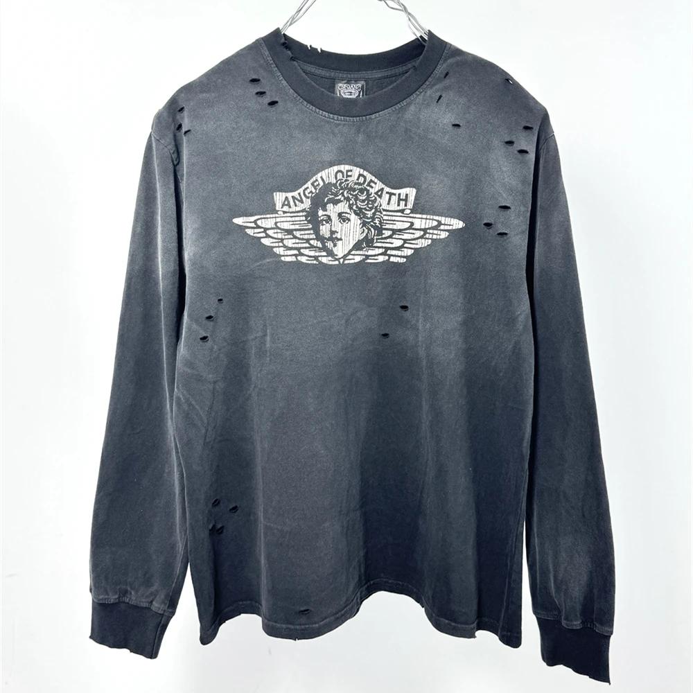 Vintage petit ange trou Saint manches longues lavé t-shirt hommes femmes haute qualité t-shirt hauts