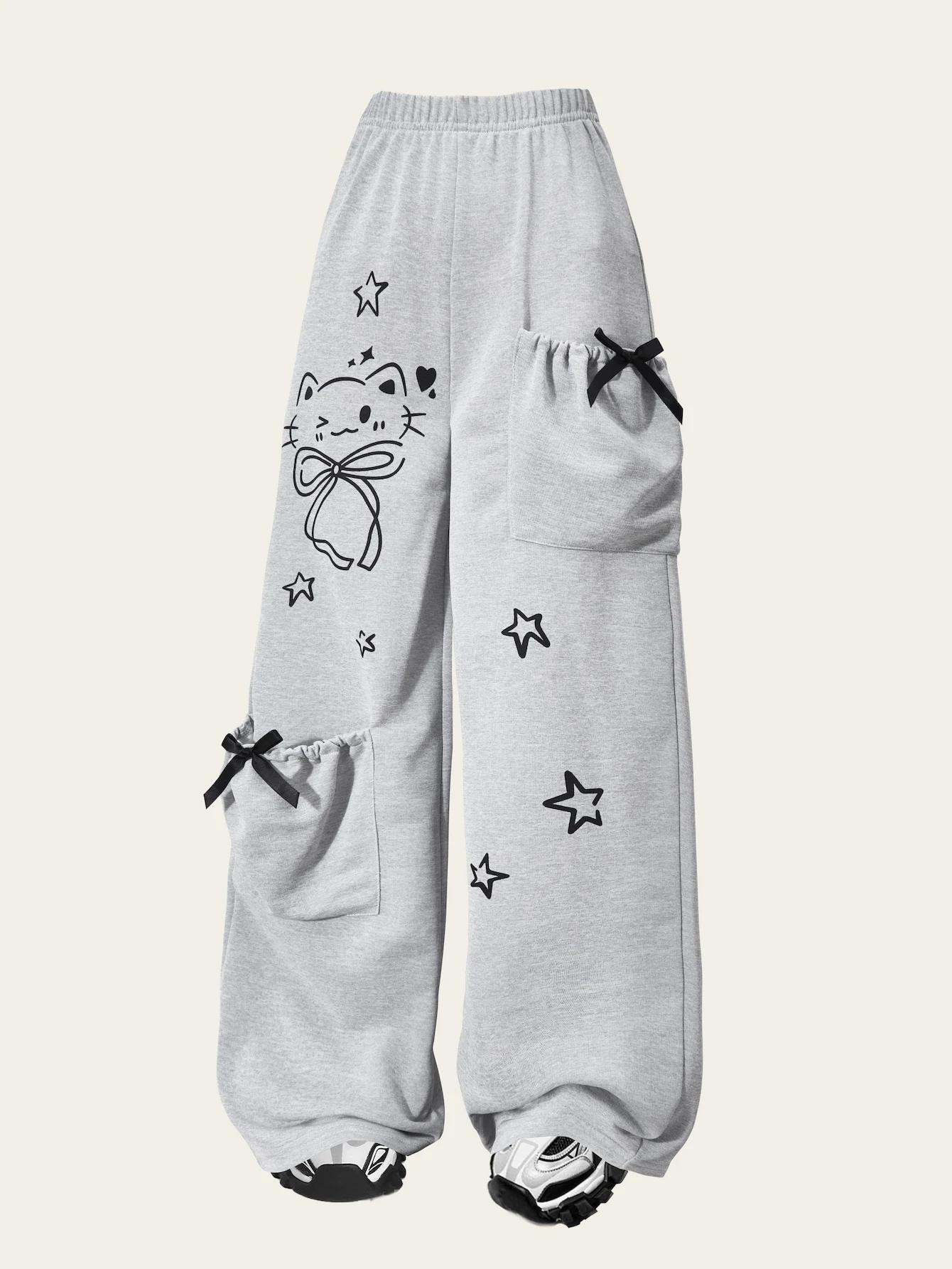 Pantalons décontractés à la mode pour filles, pantalons amples à jambes droites avec un design de po