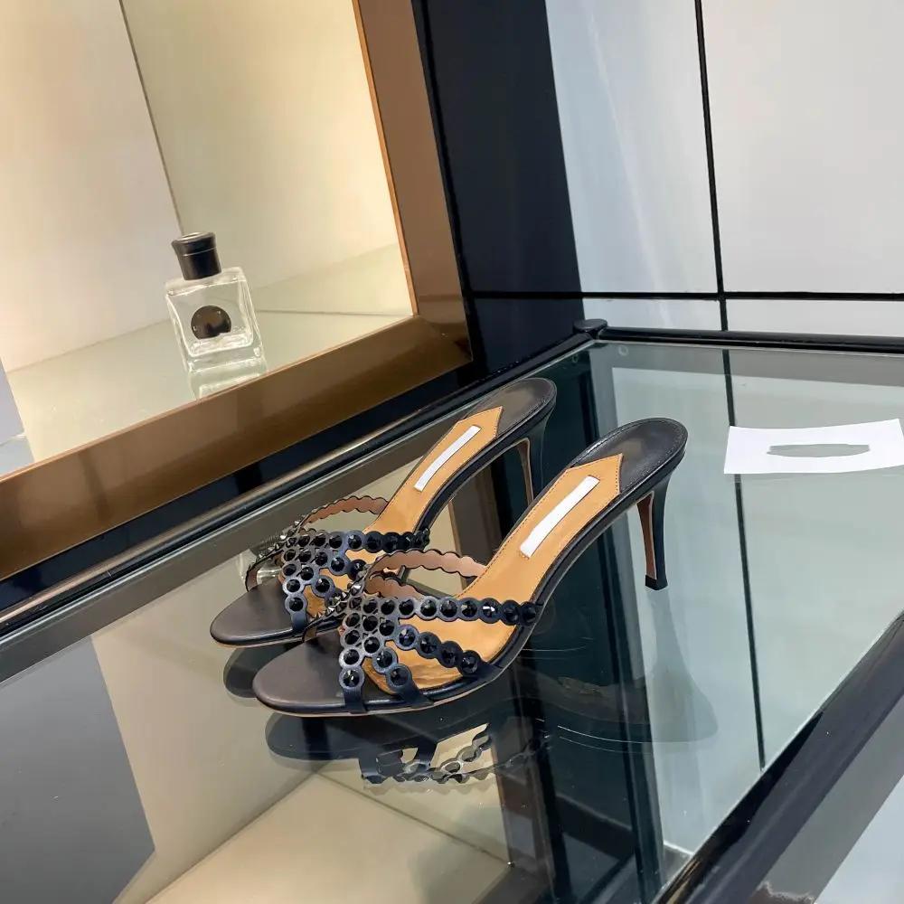 Sandales dorées à talons hauts pour femmes 2026 – Nouveauté mode, mules élégantes en strass et crist