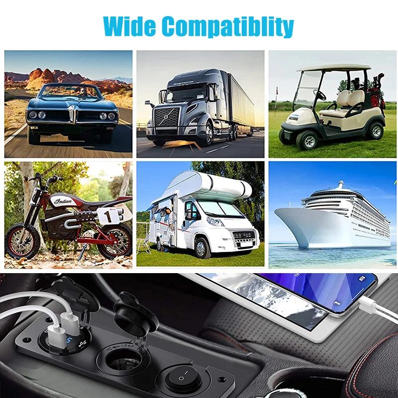 Prise allume-cigare 12V 3 en 1, étanche, double panneau de sortie USB QC3.0 pour voiture, RV, bateau