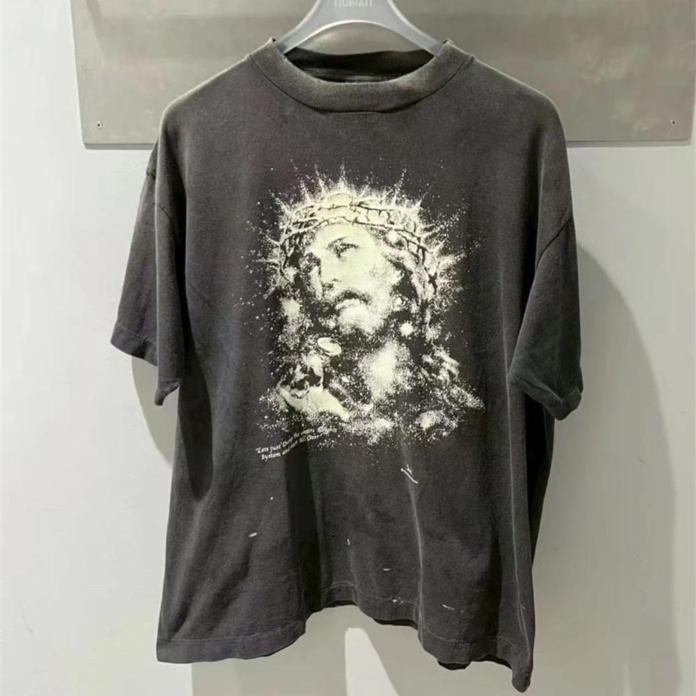 Saint jésus veilleuse Destruction en détresse imprimé à manches courtes T-shirt hommes femmes T peti